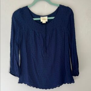 Anthropologie Maeve Swiss Dot Blue Blouse with 3/4 Sleeves.  Size 4